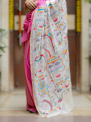Kantha Pink Faces Saree SoulWeaves