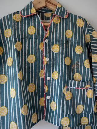 Kimono Pajama Set Lemon Drizzle Blue Print