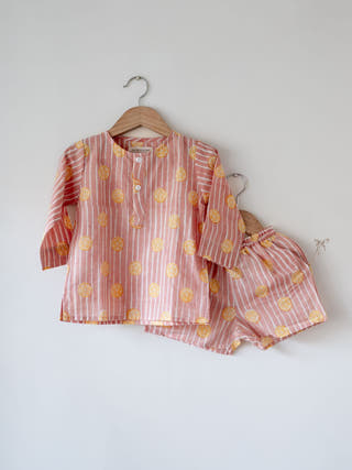 Lemon Drizzle Peach Print Sleepover Party Kurta and Shorts Co-ord Set