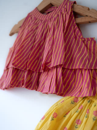 Meera Pink Striped Halter Choli And Yellow Floral Booti Lehenga Set
