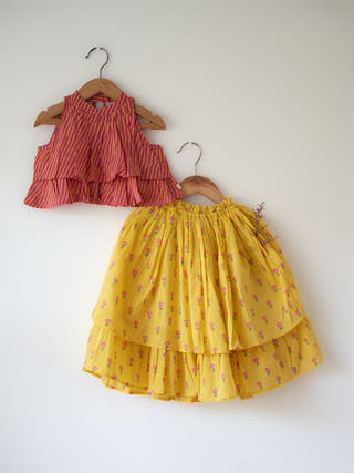 Meera Pink Striped Halter Choli And Yellow Floral Booti Lehenga Set