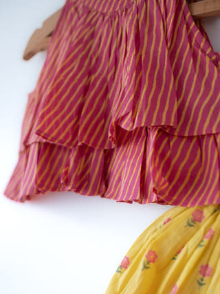 Meera Pink Striped Halter Choli And Yellow Floral Booti Lehenga Set