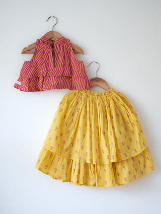 Meera Pink Striped Halter Choli And Yellow Floral Booti Lehenga Set