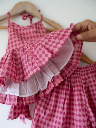 Mishri Pink Rhombus Halter Top & Wide-Leg Palazzo Set