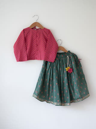Kopal Magenta Polka Blouse & Green Floral Booti Lehenga Set