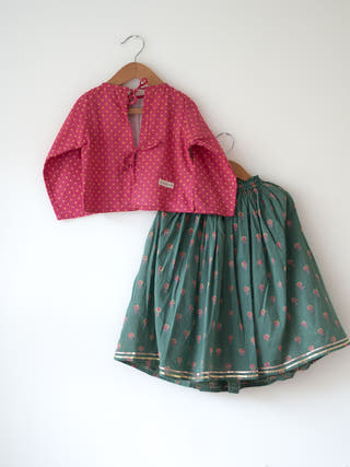 Kopal Magenta Polka Blouse & Green Floral Booti Lehenga Set