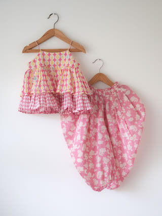 Leela Flared Top With Pink Floral Cowl Dhoti Pants Co-Ord Set