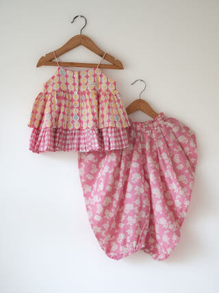 Leela Flared Top With Pink Floral Cowl Dhoti Pants Co-Ord Set