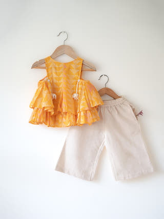 Chandan Mustard Yellow Ruffle Top & Off-White Palazzo Set