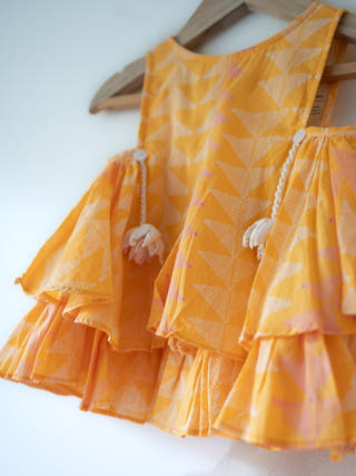 Chandan Mustard Yellow Ruffle Top & Off-White Palazzo Set