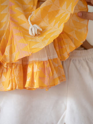Chandan Mustard Yellow Ruffle Top & Off-White Palazzo Set