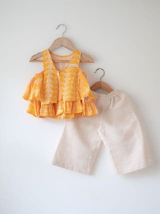 Chandan Mustard Yellow Ruffle Top & Off-White Palazzo Set