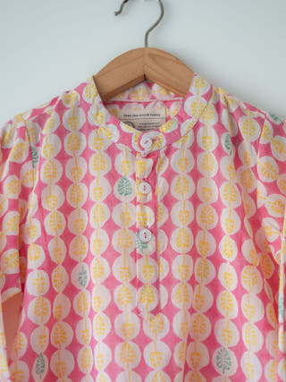 Leela Pink White Monstera Print Full Sleeve Shirt Kurta