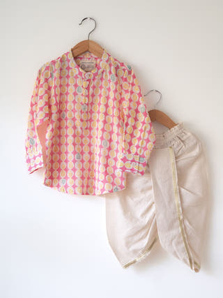 Leela Pink White Monstera Print Full Sleeve Shirt Kurta