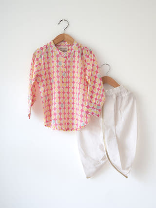 Leela Pink White Monstera Print Full Sleeve Shirt Kurta