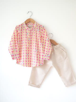 Leela Pink White Monstera Print Full Sleeve Shirt Kurta