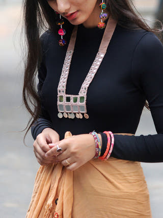 Kutchi Mirror Work Necklace Beige Qurcha