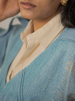 Materiality Unisex Cropped Half Sleeve Jacket Blue Lafaani