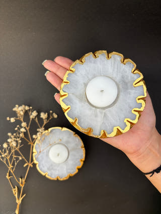 White Quartz Tealight Holder with Gold Polish