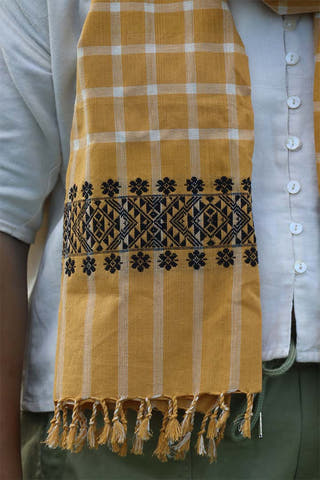 Checked Gai Gamek Handwoven Stole Mustard