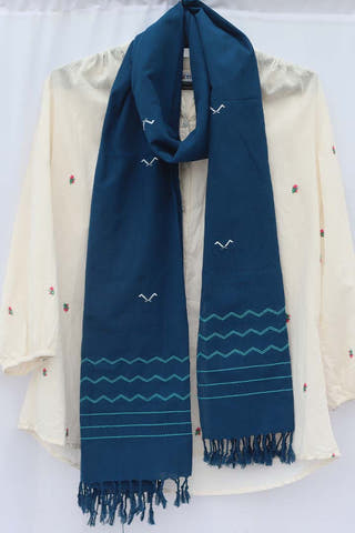 Bird With Wave Handwoven Stole Blue