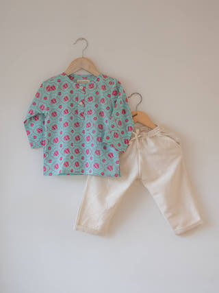 Gul Cotton Blue Floral Kurta with Phool Pink Floral Bandi and Off White Dhoti Set