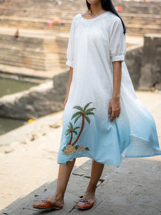 White Blue Ombre Hand-embroidered Dress Krushnachuda