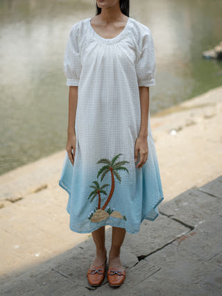 White Blue Ombre Hand-embroidered Dress Krushnachuda