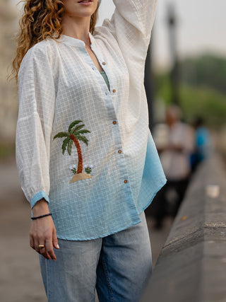 White Blue Ombre Hand-embroidered Shirt Krushnachuda