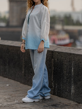 White Blue Ombre Hand-embroidered Shirt Krushnachuda