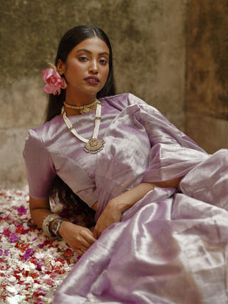 Lilac Lily Pastel Purple Handloom Tissue Saree