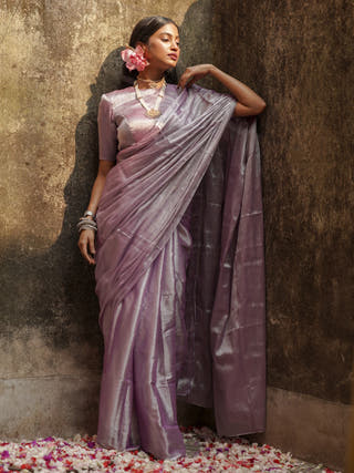 Lilac Lily Pastel Purple Handloom Tissue Saree