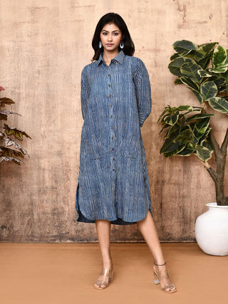 Arika Indigo Block Printed Cotton Long Shirt Dress Expressions By UV