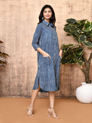 Arika Indigo Block Printed Cotton Long Shirt Dress Expressions By UV