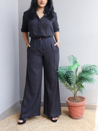Linen Shirt And Handloom Cotton Wide Leg Pants Co Ord Set Black Madhurima Bhattacharjee