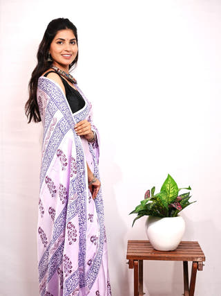 Lavender Handblock Printed Modal Silk Saree