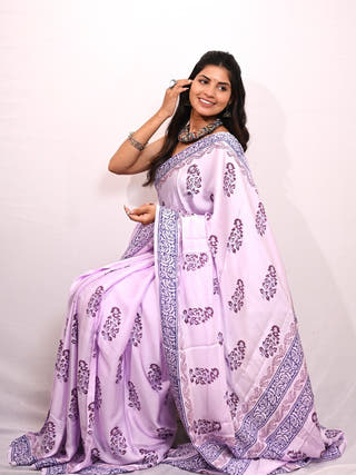 Lavender Handblock Printed Modal Silk Saree
