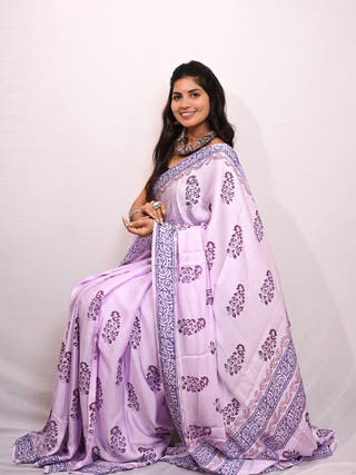 Lavender Handblock Printed Modal Silk Saree