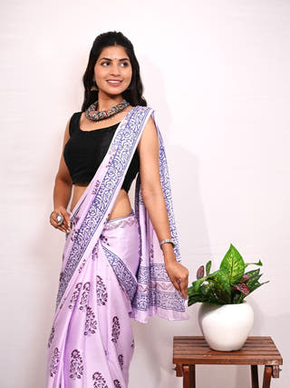 Lavender Handblock Printed Modal Silk Saree
