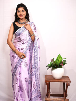 Lavender Handblock Printed Modal Silk Saree