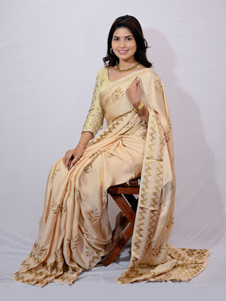 Gold Leaf Print Modal Silk Saree