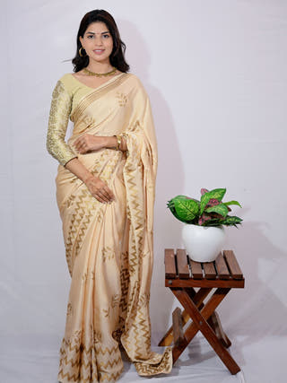 Gold Leaf Print Modal Silk Saree