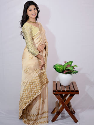 Gold Leaf Print Modal Silk Saree