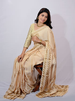 Gold Leaf Print Modal Silk Saree