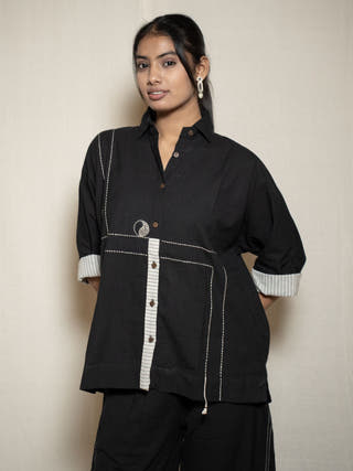 Kimono Shirt With Striped Details | Black