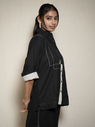 Kimono Shirt With Striped Details | Black