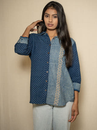 Indigo Print Shirt With Hand Embroidered Pannel