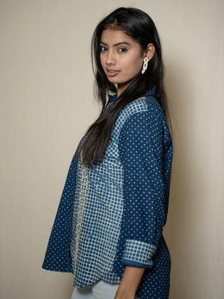 Indigo Print Shirt With Hand Embroidered Pannel
