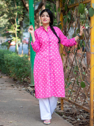 Sitara Bandhani Khadi Kurti Set Pink Agati