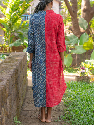 AASTEY Half And Half Shirt Dress Indigo And Red Prathaa